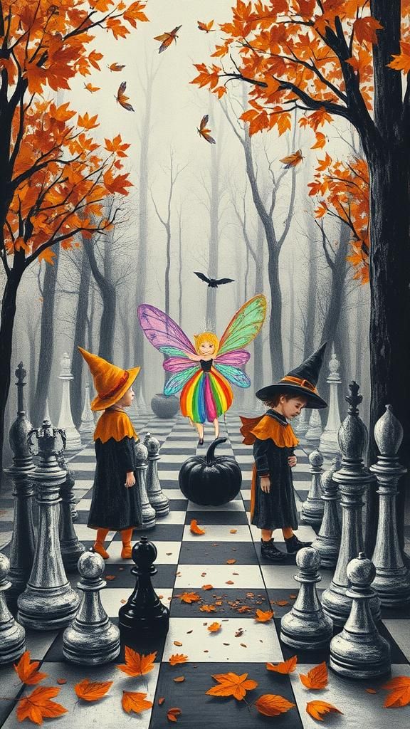 Halloween Kids Crayon drawings ,surreal autumnal  child's dr...