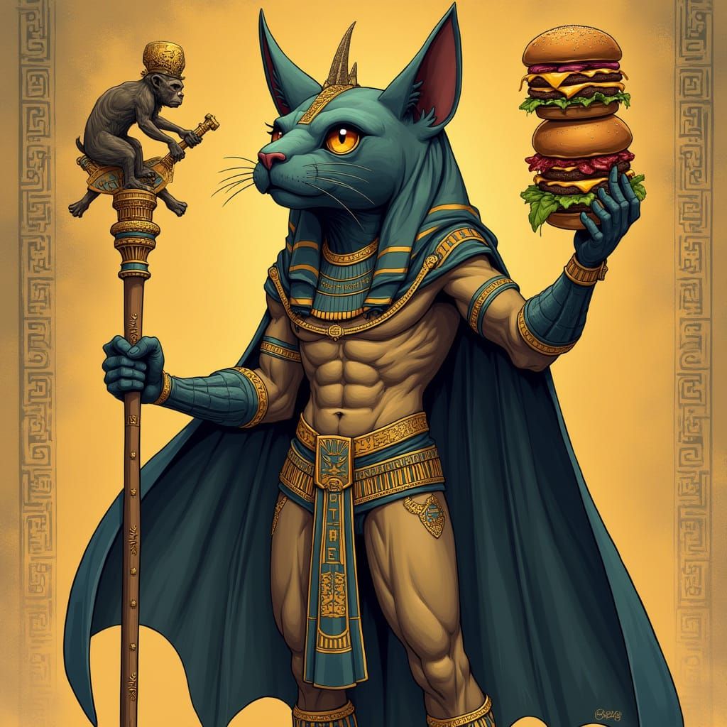 Egyptian Cat God with Batman Cape, Comic Style