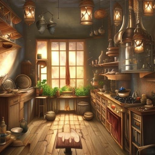 Friendly Cooking Witch's Kitchen in Detailed Matte Painting