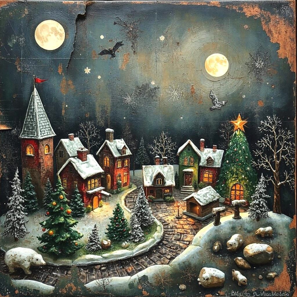 Whimsical Christmas Village Painting with Grungy Texture