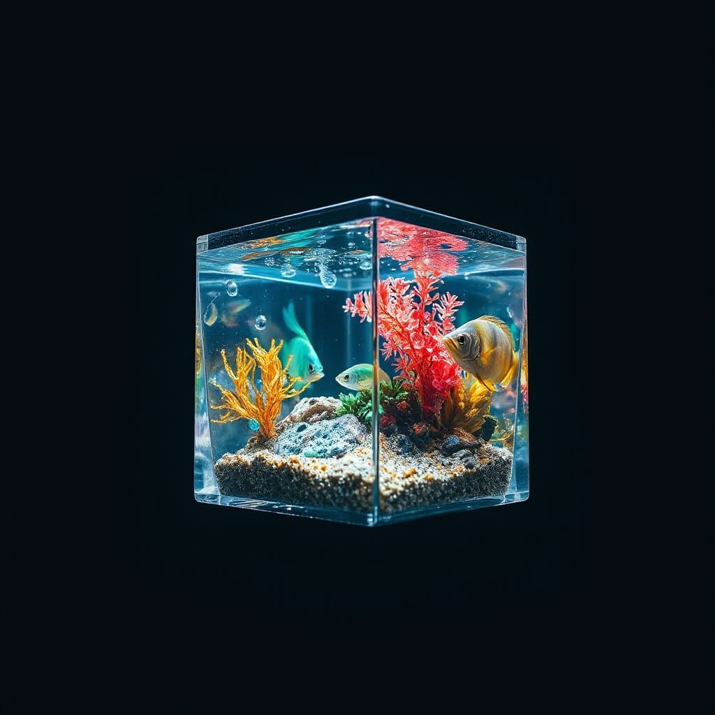 Miniature Water Cube in Space with Marine Life