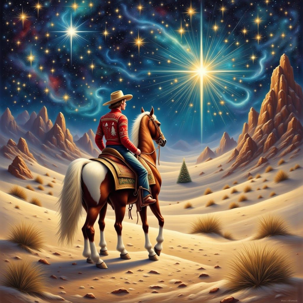 Lone Cowboy in Christmas Sweater Under Starry Desert Sky