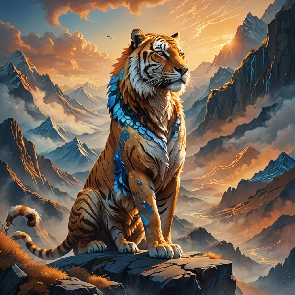 Golden Tiger on Misty Peak in Fantasy Art