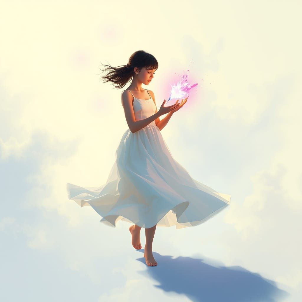 Girl with Comet Walking Through Ethereal Landscape