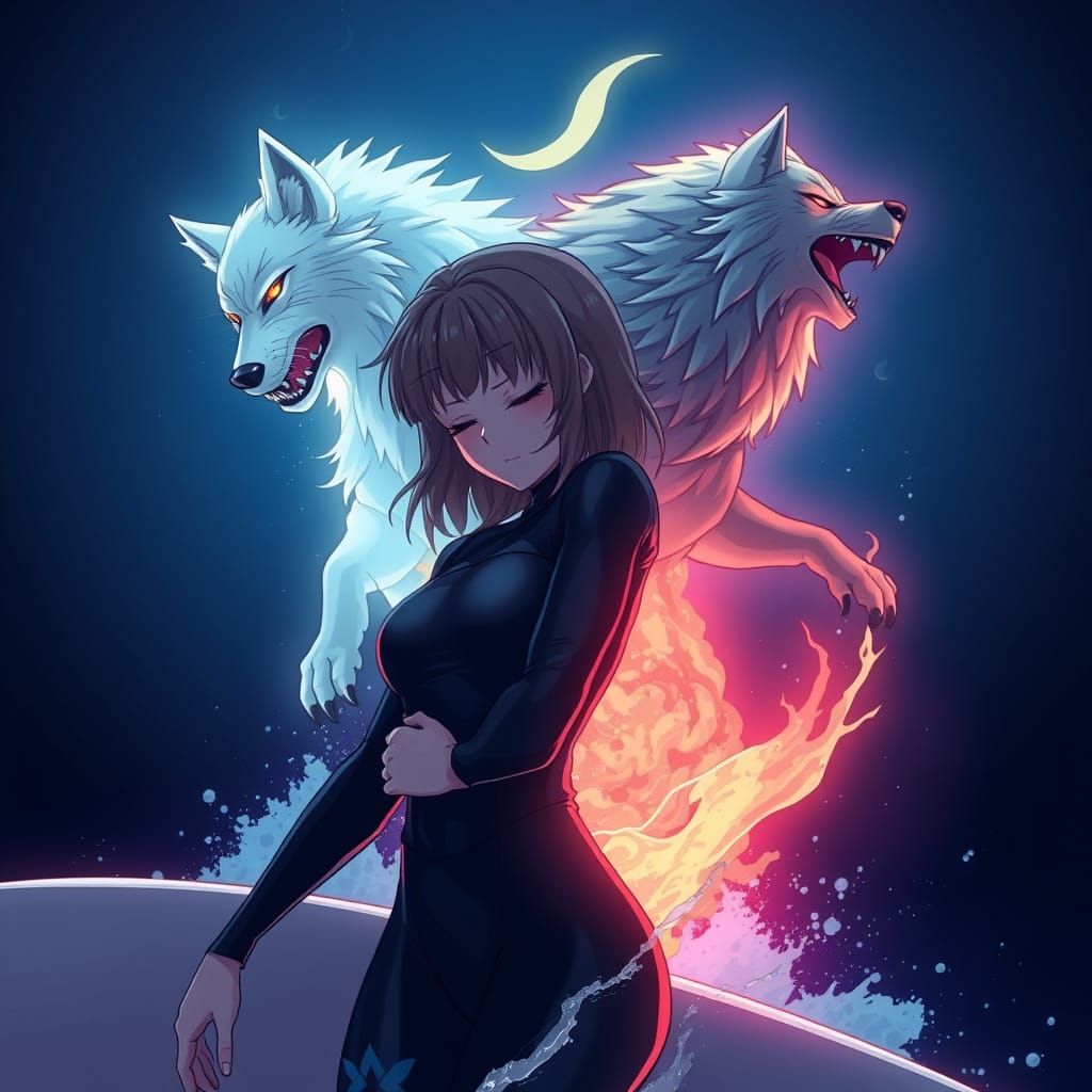 Surfer with Wolf Spirits, Manga Style Illustration