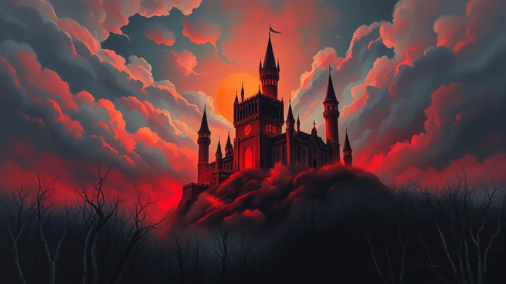 Medieval Castle Ablaze in Neo-Impressionist Style