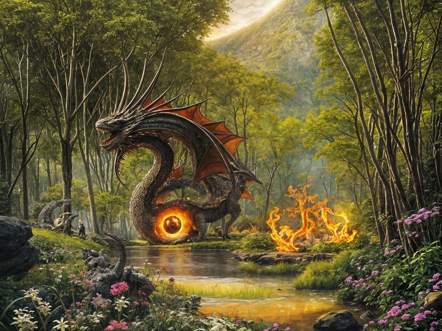 Detailed Cartoon Dragon in Surreal Landscape, 3D Render