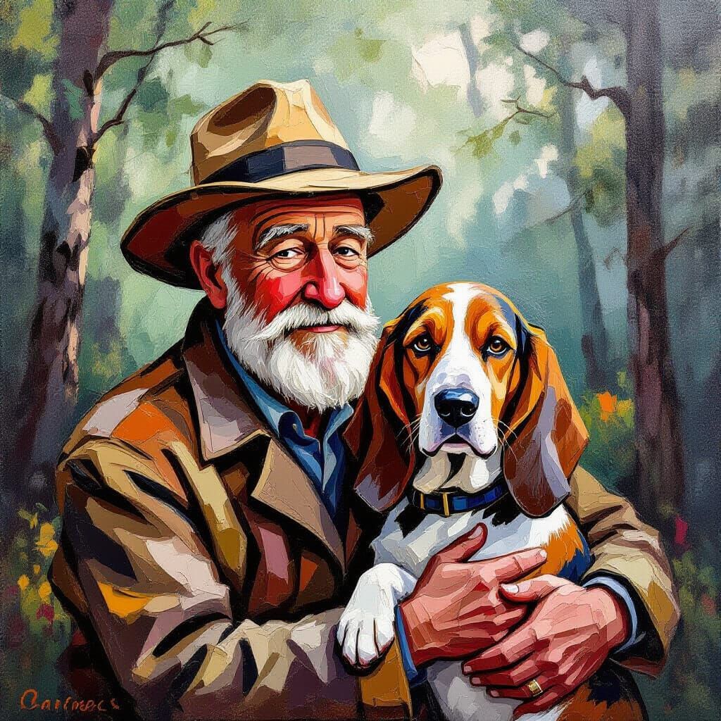Old Man and Basset Hound in Forest, Impasto Style