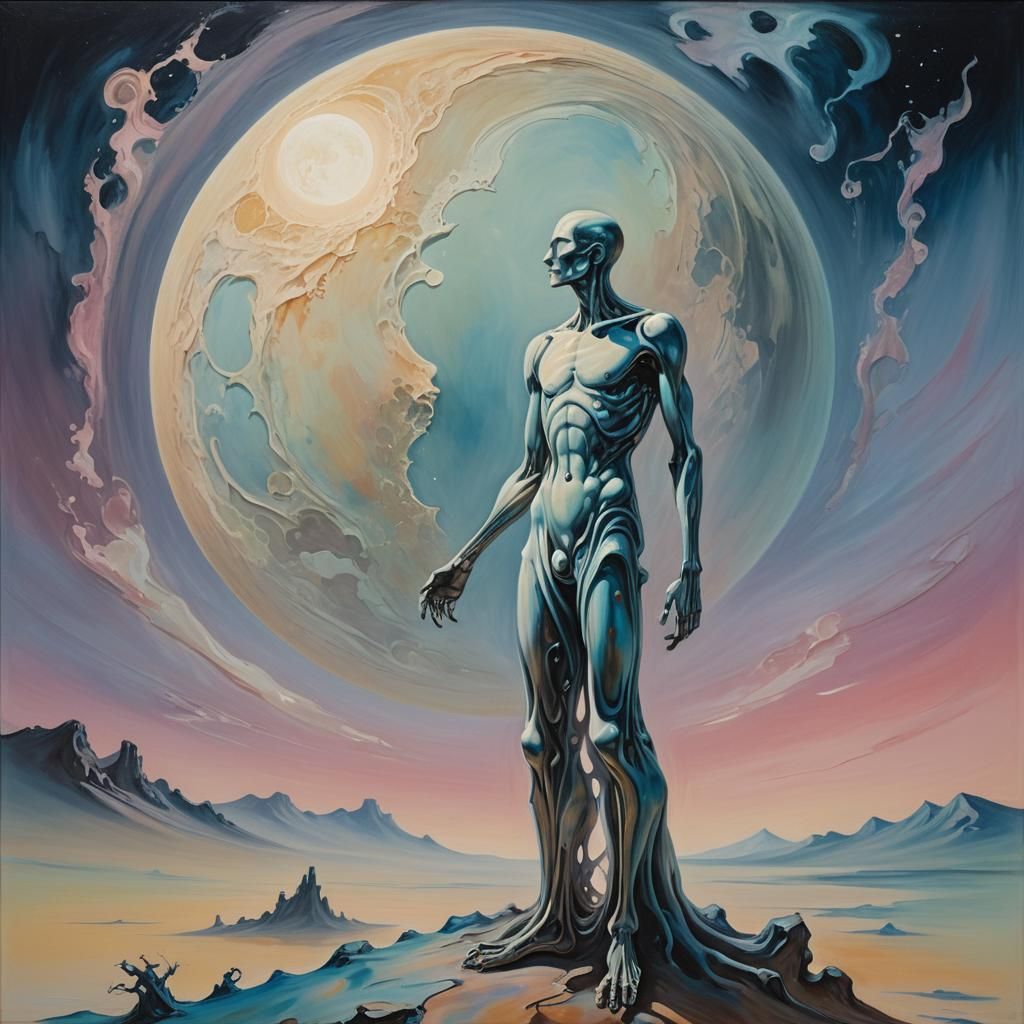 Surreal Moon Figure in Dali-esque Oil Painting