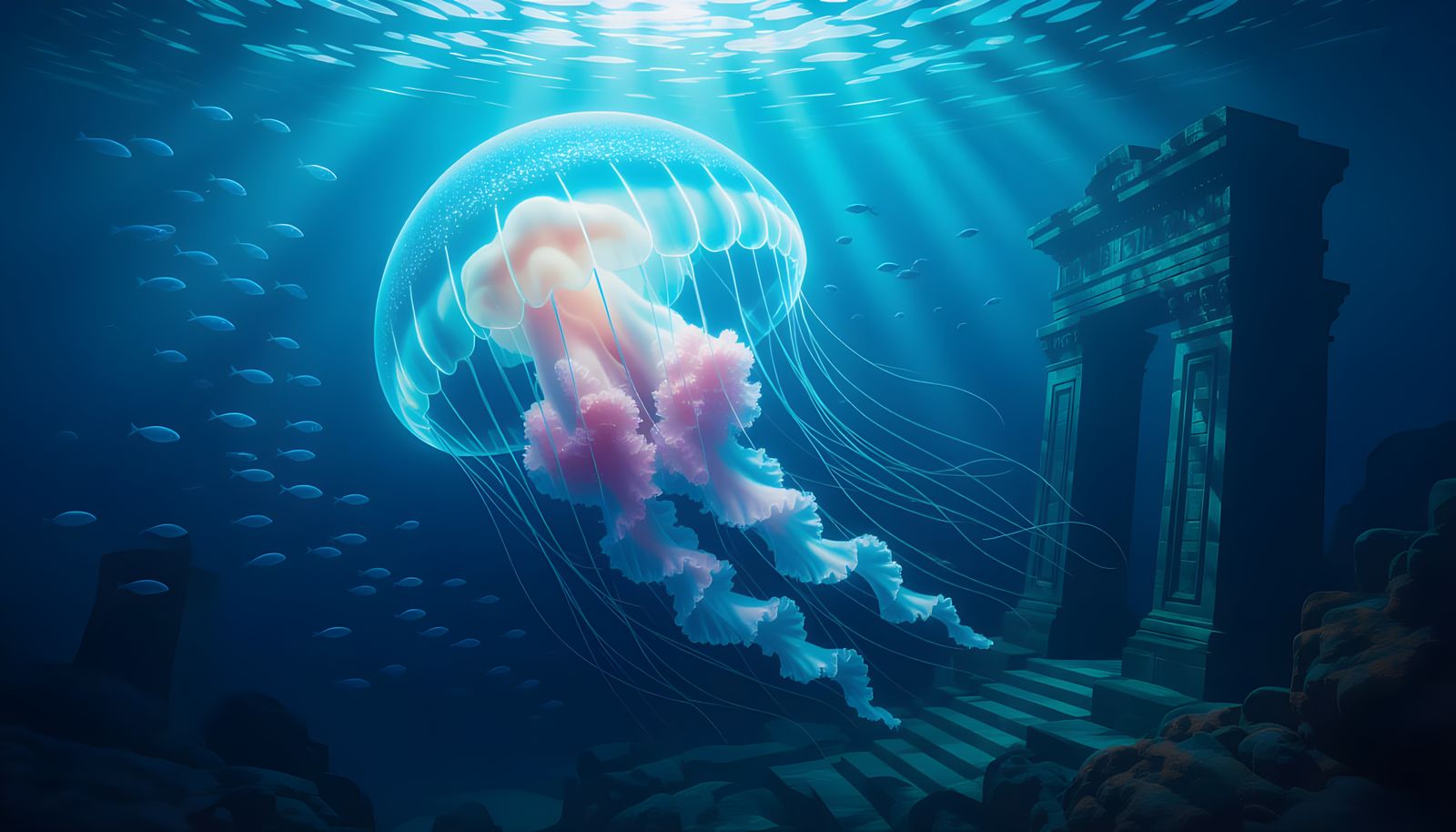 Bioluminescent Jellyfish in Ancient Deep-Sea Ruins