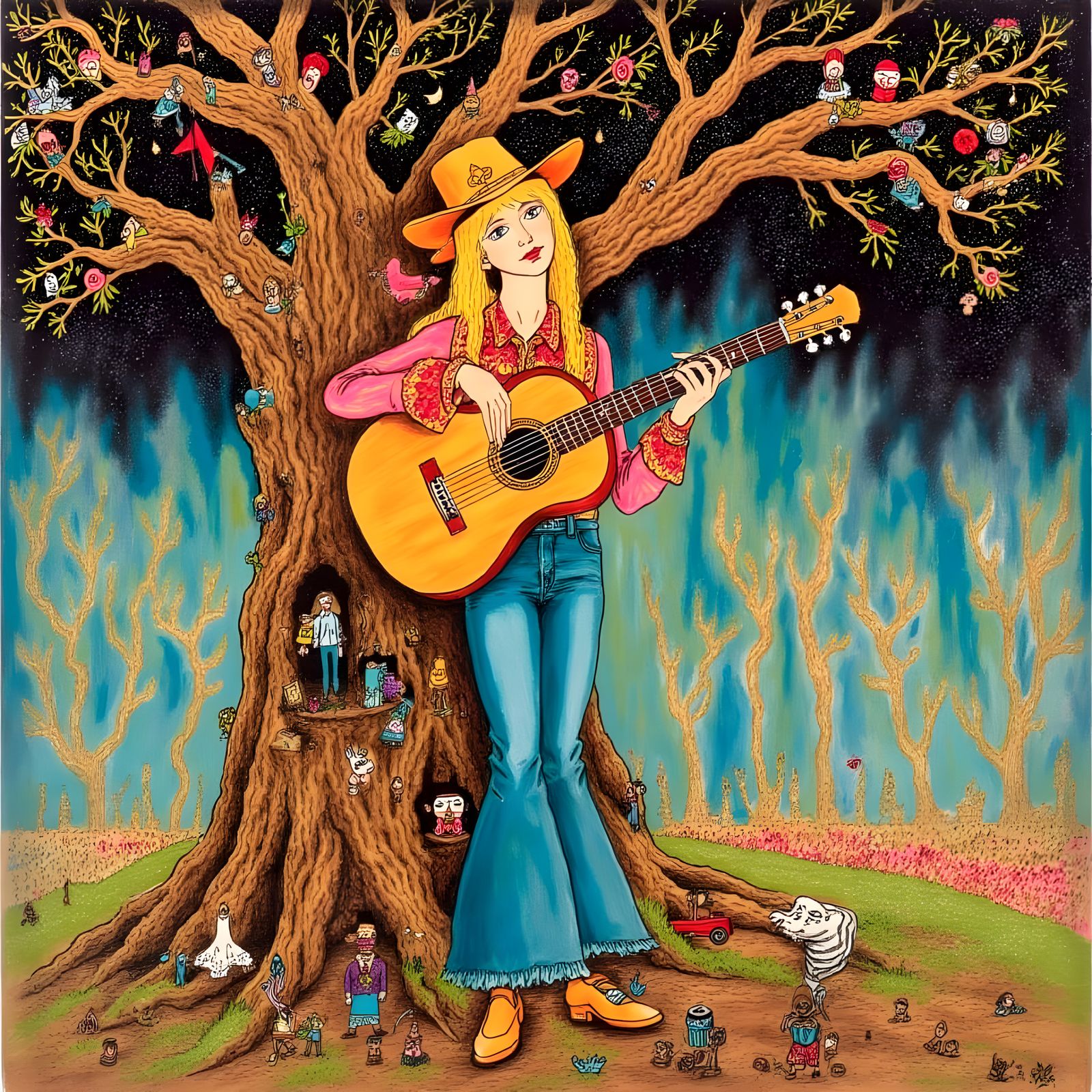 Psychedelic Forest Scene with Guitarist, Cal Schenkel Style