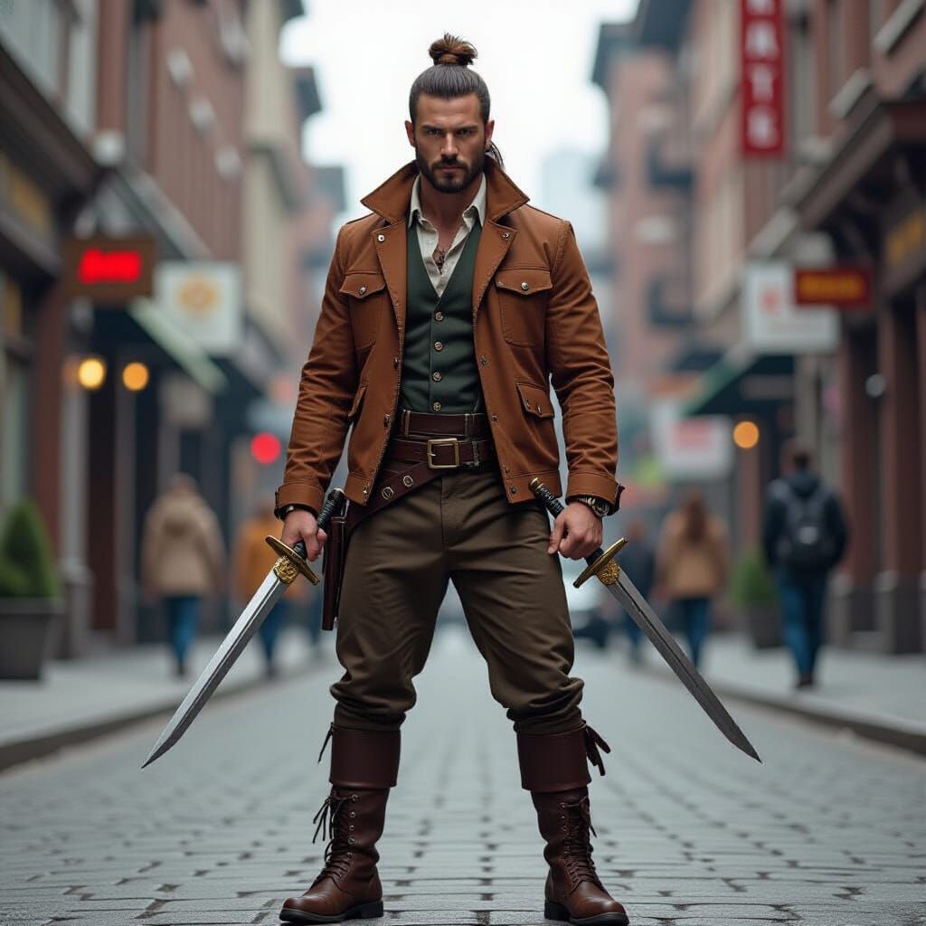 Man with Daggers in Photorealistic Cinematic Style