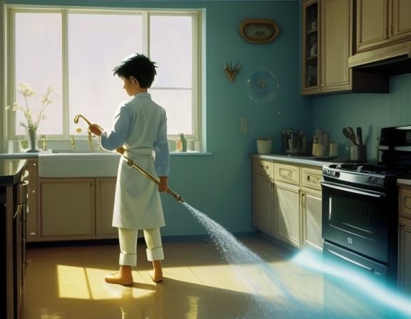 Magical Kitchen Cleaning Child in Ethereal Glow Oil Painting