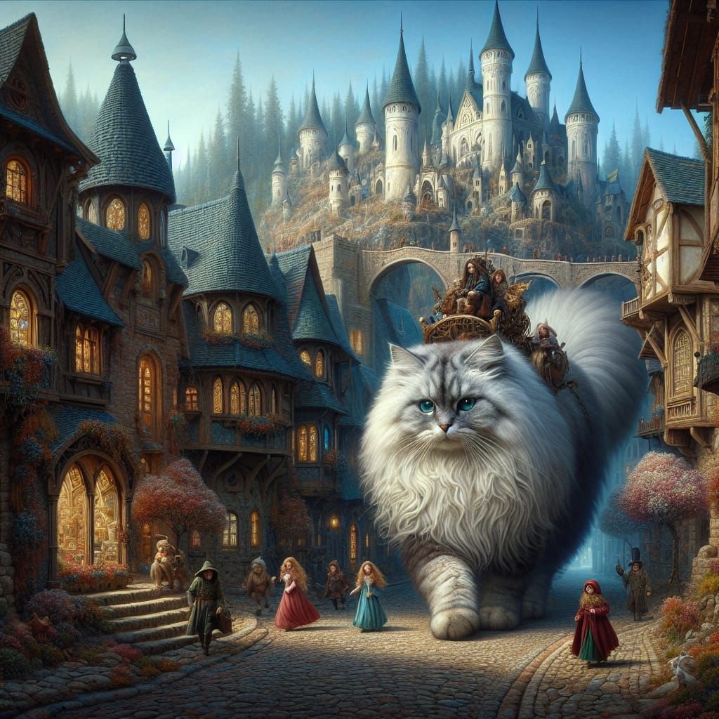 Giant Ragdoll Cat in Fairy Village, Oil Painting