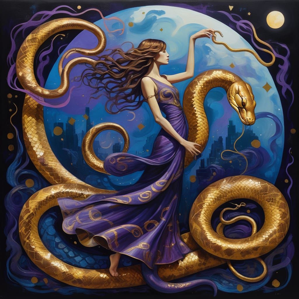 Gustave Klimt-Inspired Female Dancer Encircled by Golden Sna...