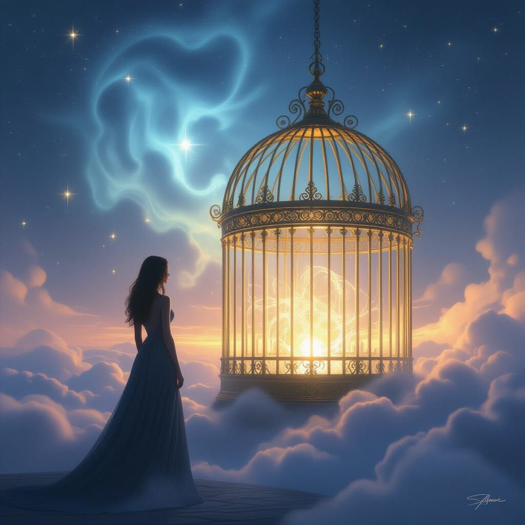 Woman Contemplates Golden Cage in Surreal Digital Art