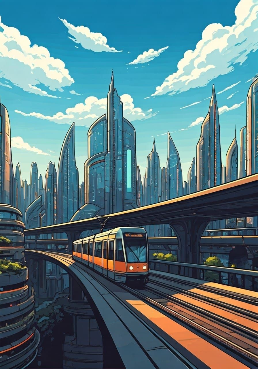 Futuristic Cityscape with Sleek Tram in Comic Art Style