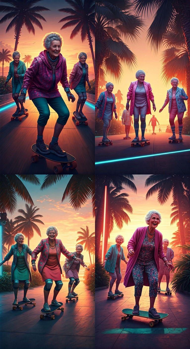 Elderly Women Skateboarding in Neon Beachside Park