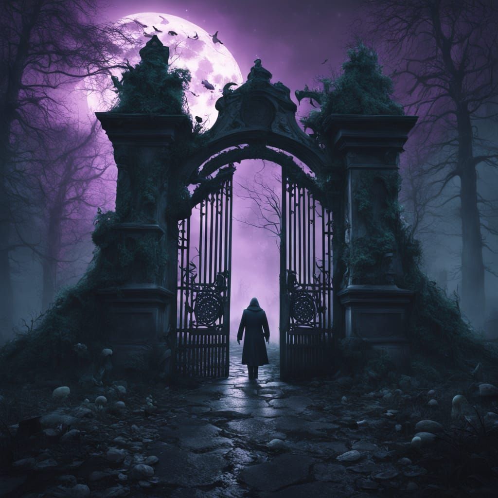 Gothic Horror Concept Art: Man Stands Before Mysterious Gate