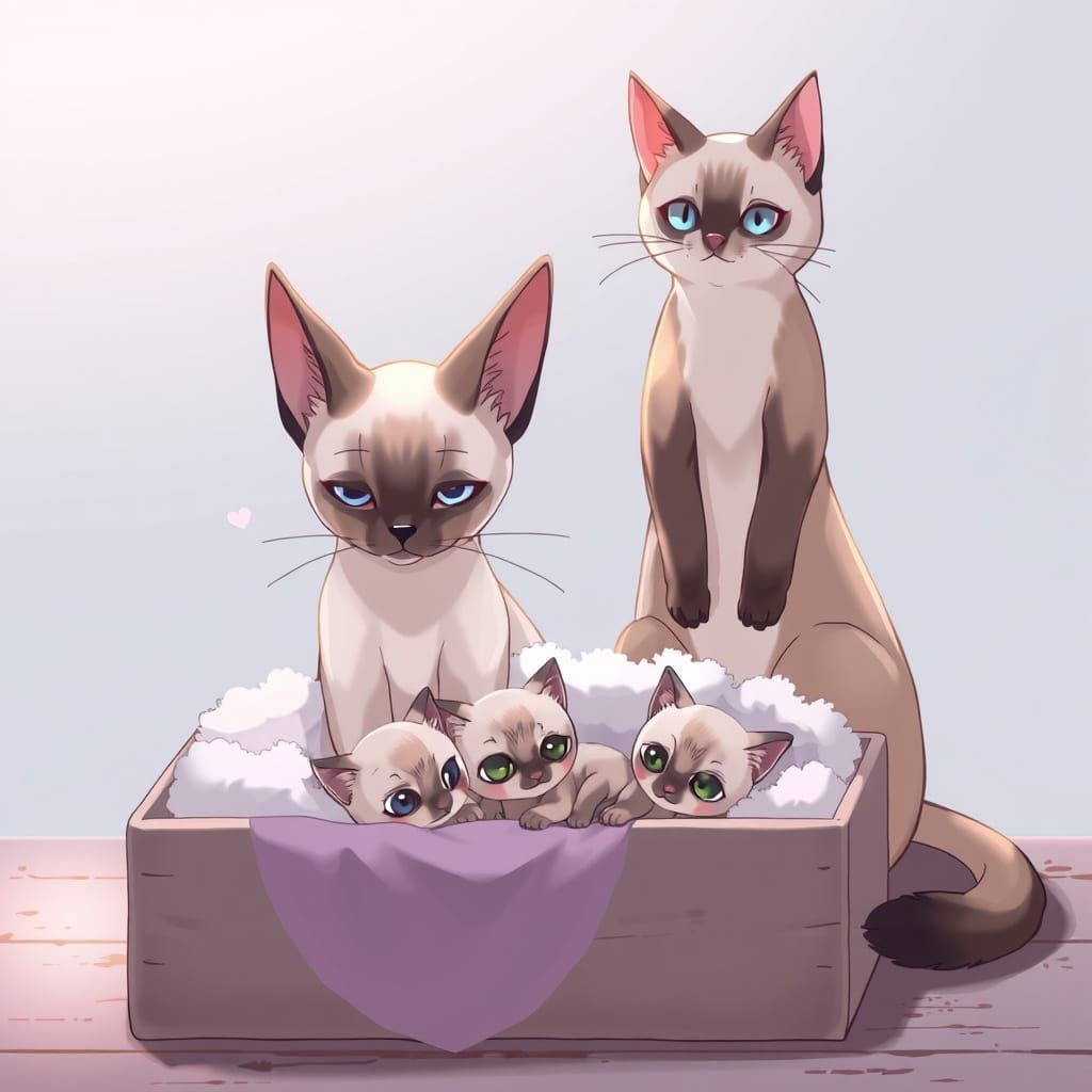 Japanese-Inspired Anime Cat Family Scene with Fluffy Blanket...