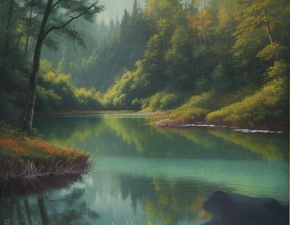 Impressionistic Fisherman at Misty Mountain Lake