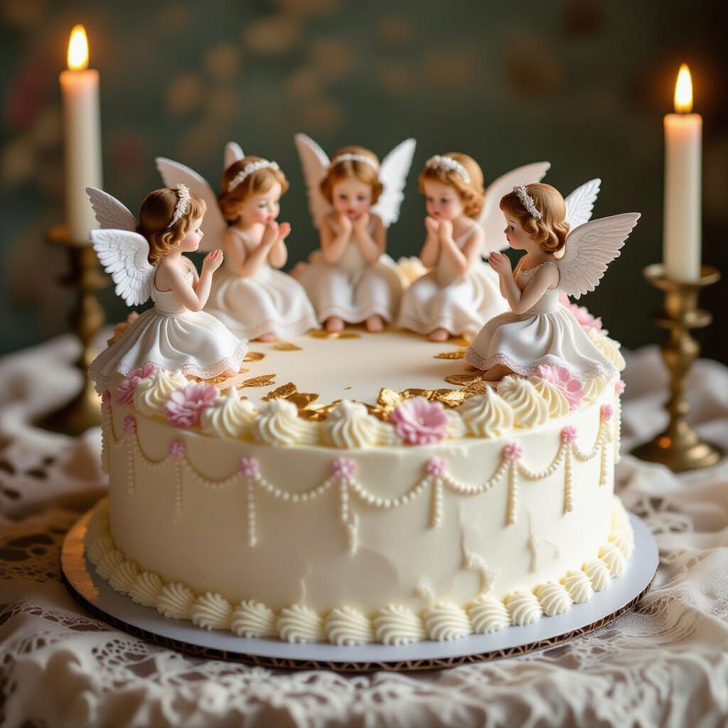 Ornate Cake Adorned With Sugar Angels and Gold Leaf