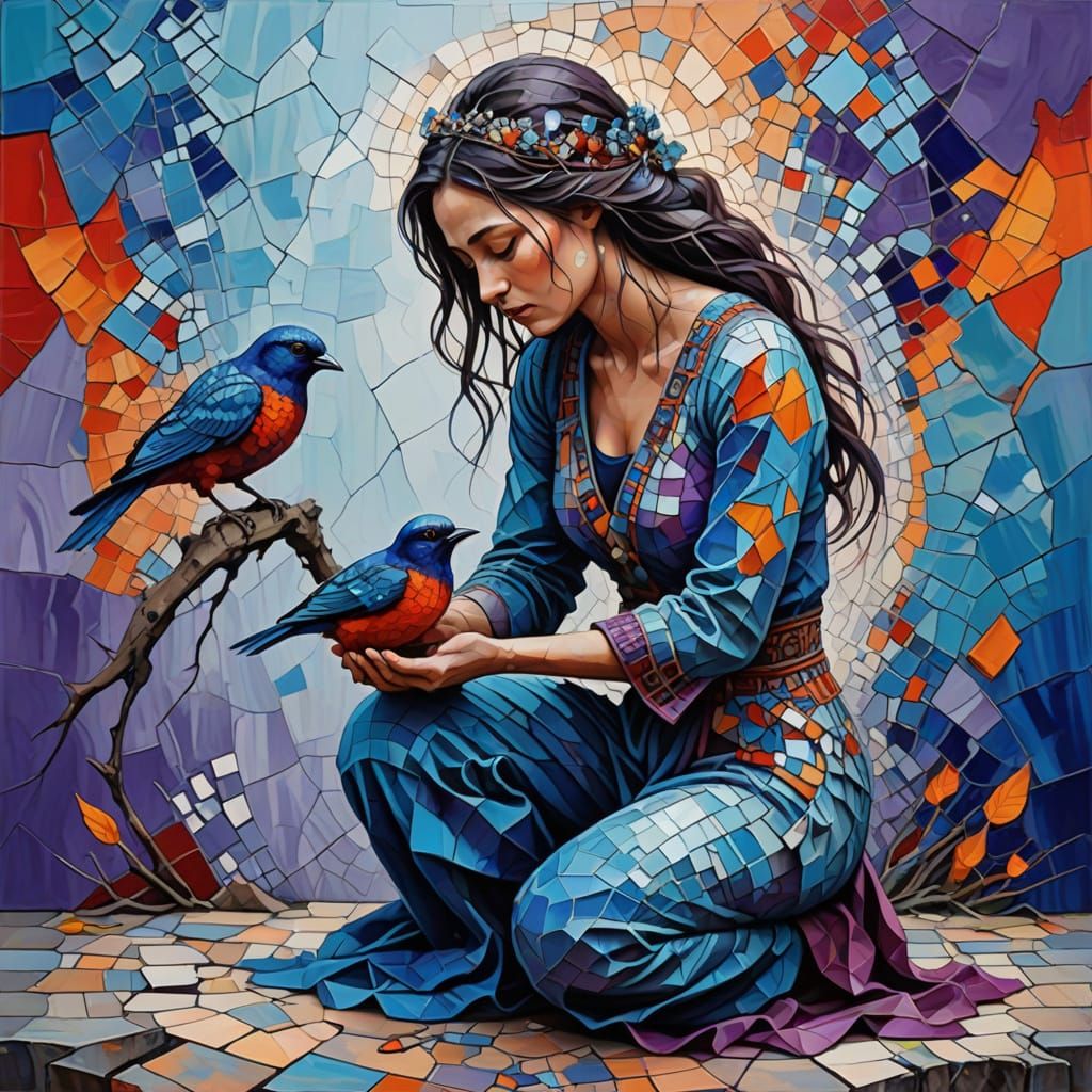 Surreal Cracked Figure Holds Bird in Vivid Colors