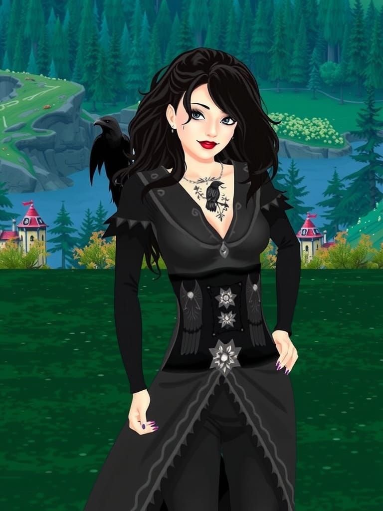 Elegant Elf Maiden with Raven Familiar