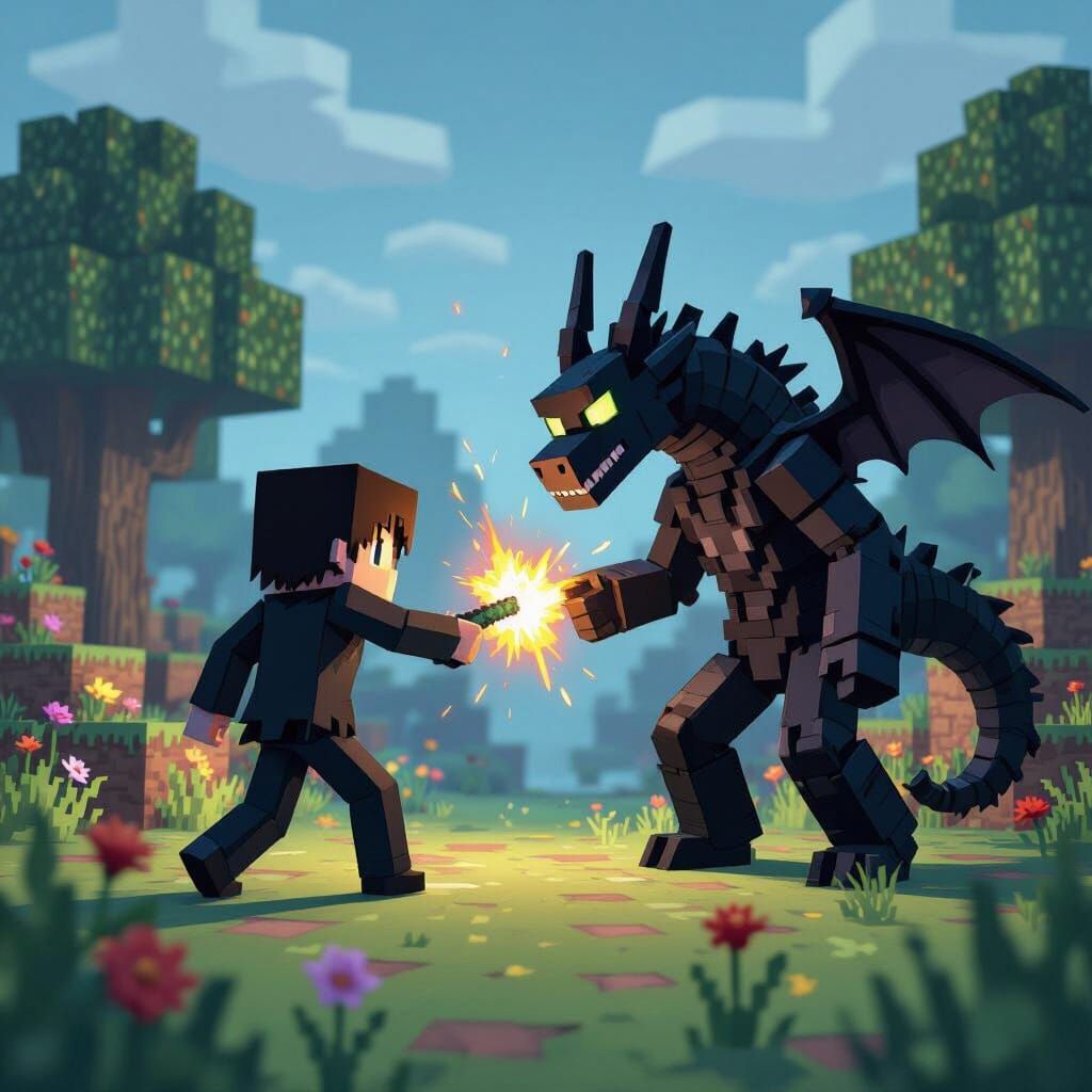 Ender Dragon vs Herobrine in Minecraft Overworld