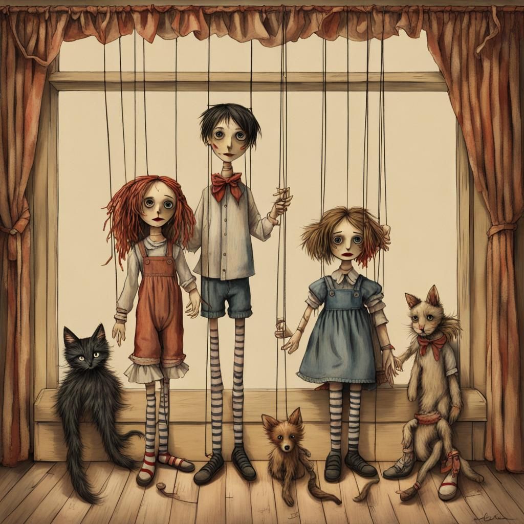 Surreal Marionette Puppets Playing with Dolls