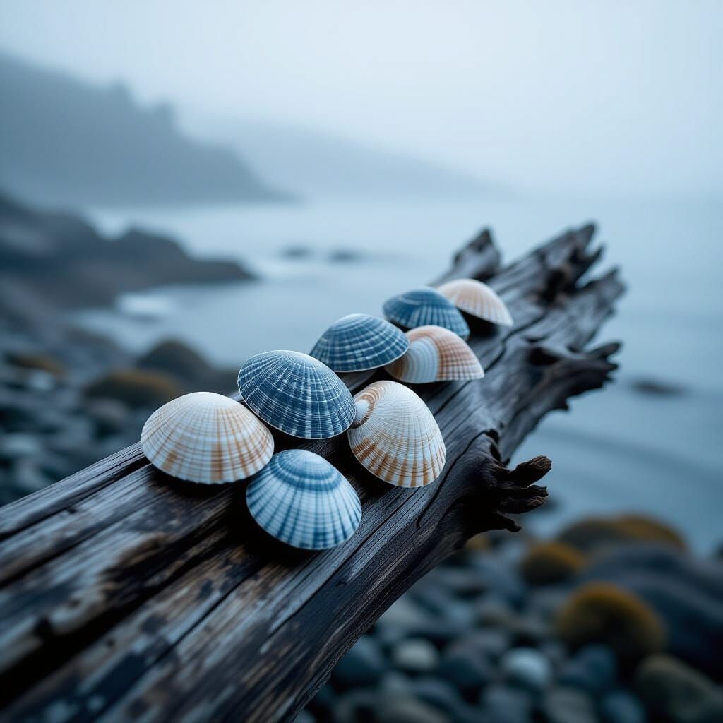 Limpet shells on driftwood grey sea scenery atmospheric art ...