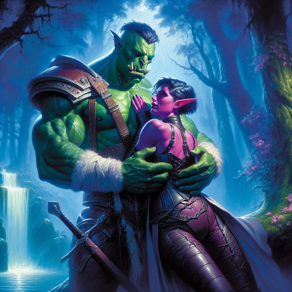 Orc Barbarian and Tiefling Sorceress in Romantic Landscape