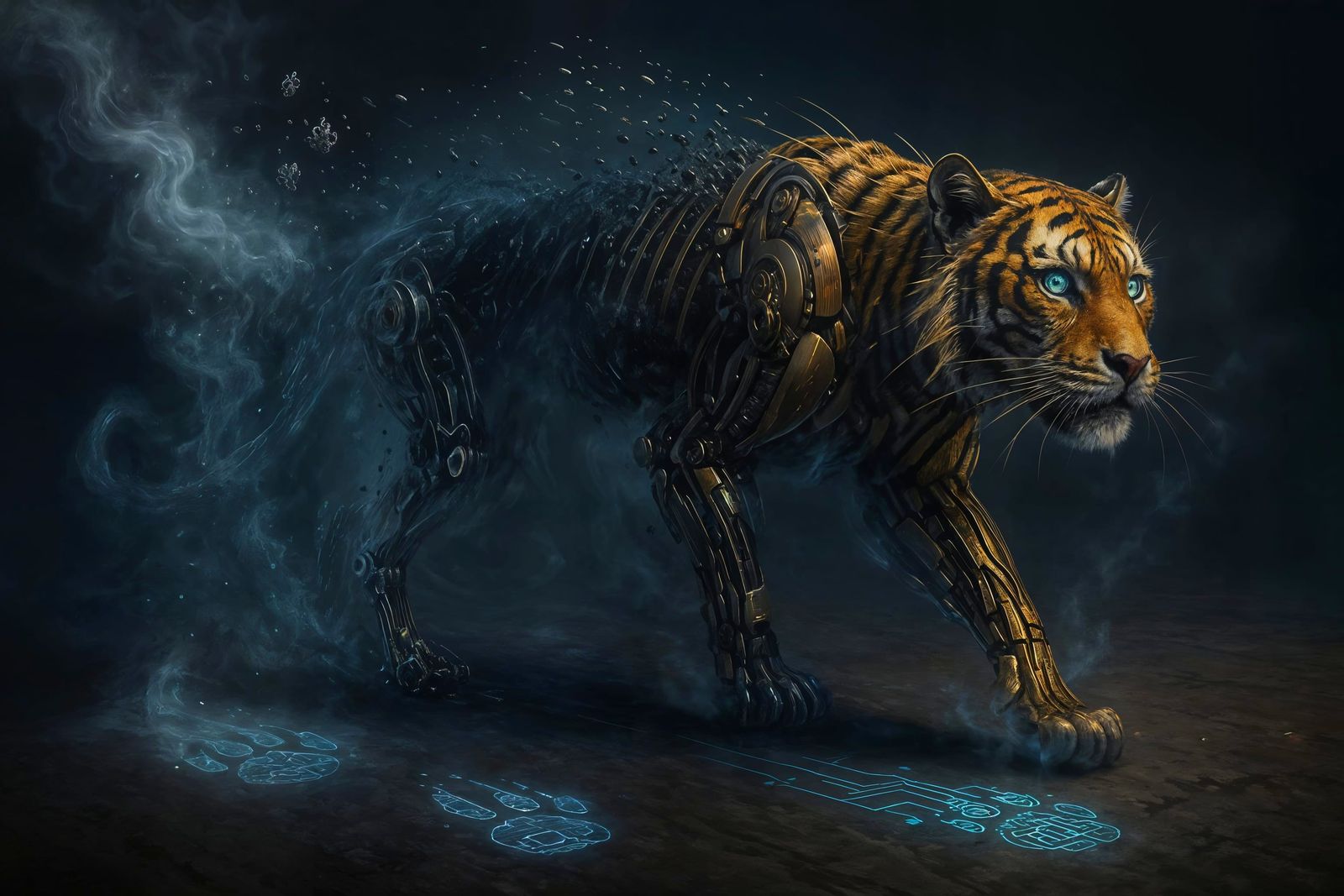 Technological Tiger Materializing from Silver Mist