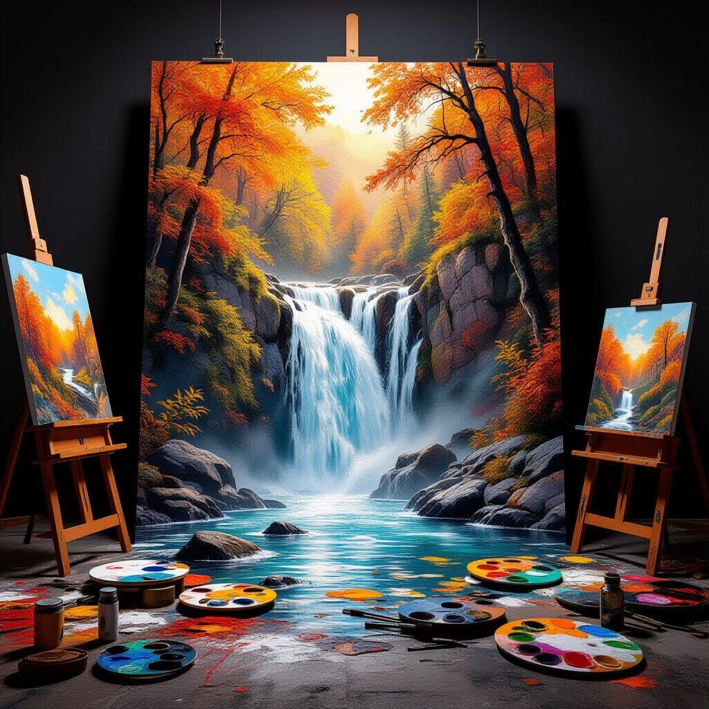 Surreal Autumn Waterfall Bursting From Canvas