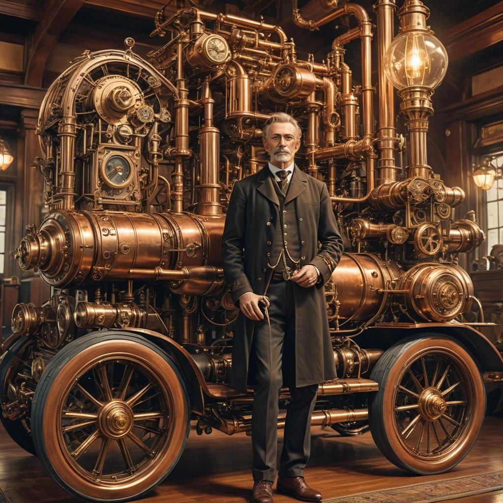 Inventor and Steampunk Electric Car in Scenic Landscape