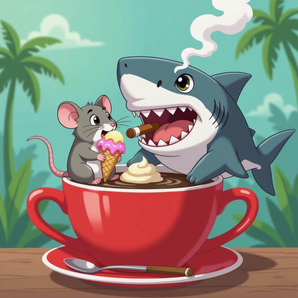 Cartoon Rat Eats Ice Cream on Shark Coffee Cup