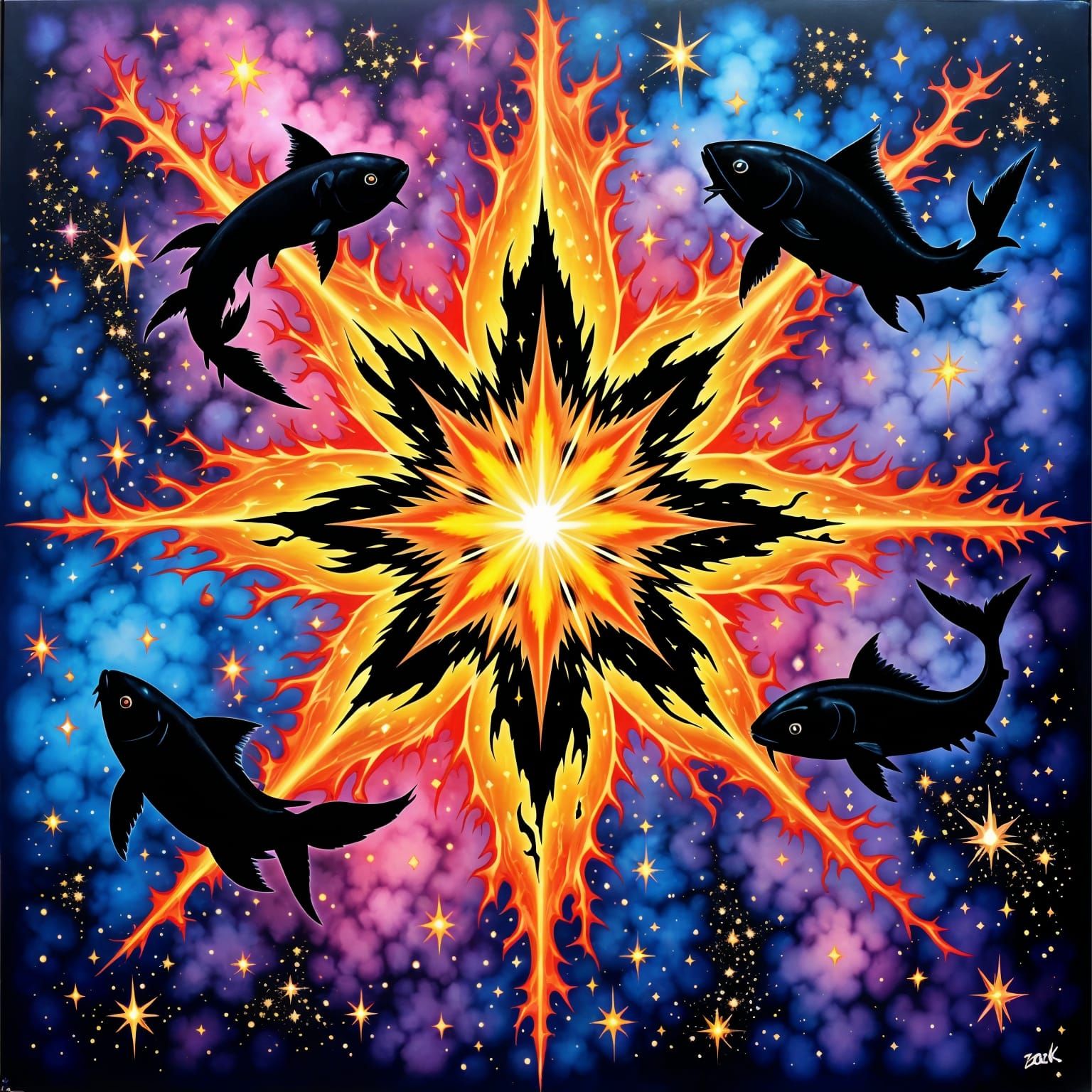 Cosmic Fish Silhouettes with Fiery Star Mandala