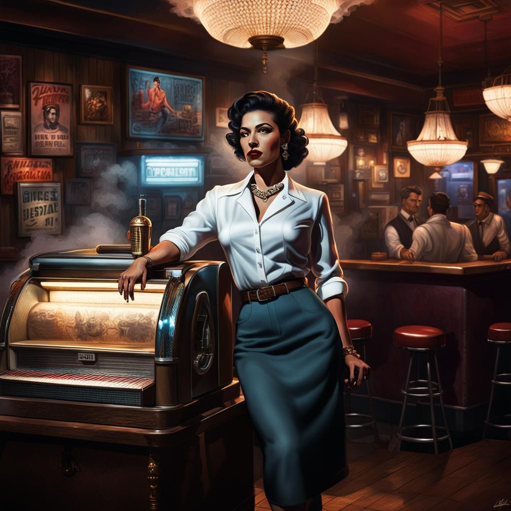 Latina Woman in 1950s Bar: Hyperrealistic Splash Art
