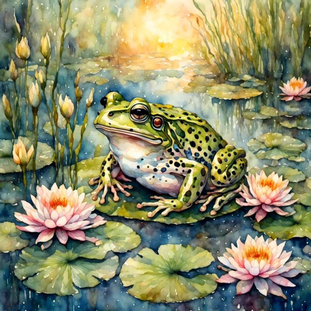 Speckled Frog in Lily Pond Watercolor
