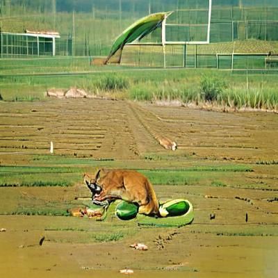Caracal Cat Enjoys Watermelon in Rice Field