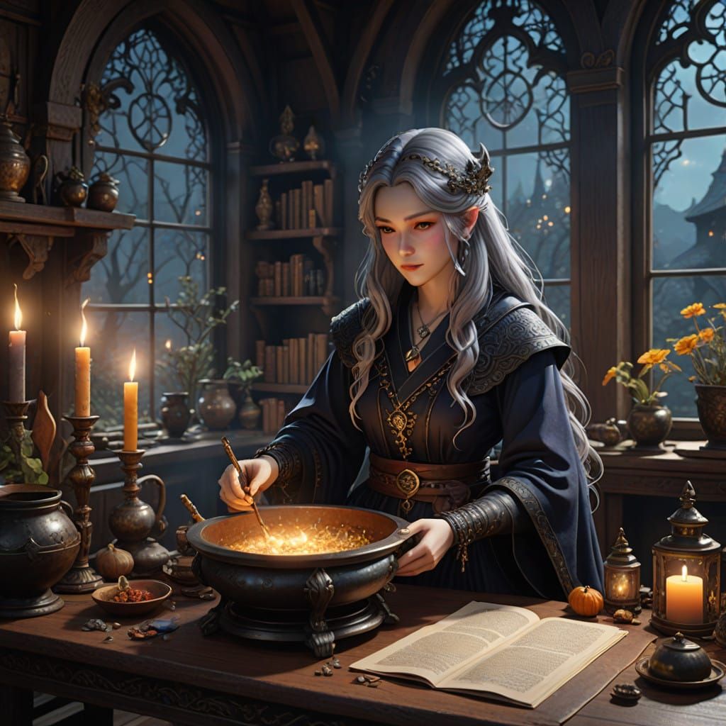 Enchanting Witch Prepares Rare Potion in Cozy Cottage