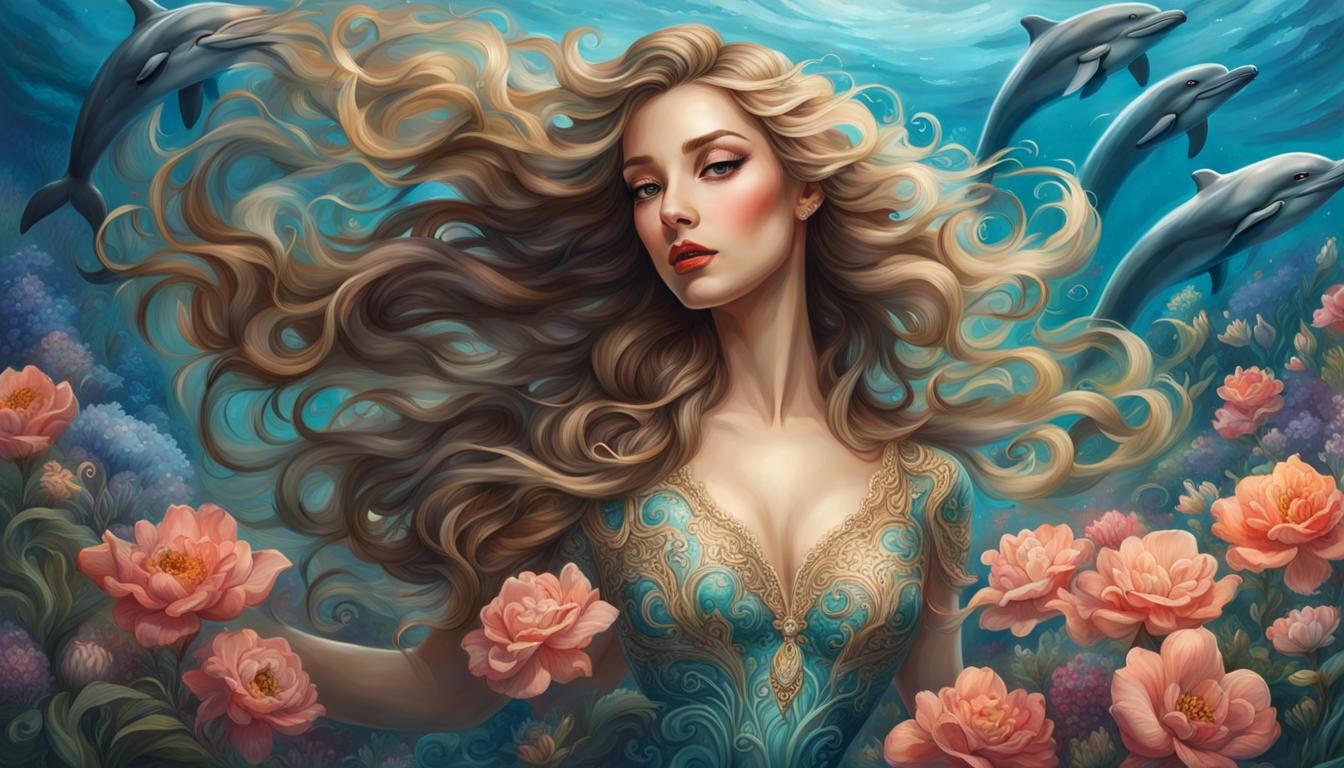 Dancing Dolphin Girl: Underwater Flower Portrait
