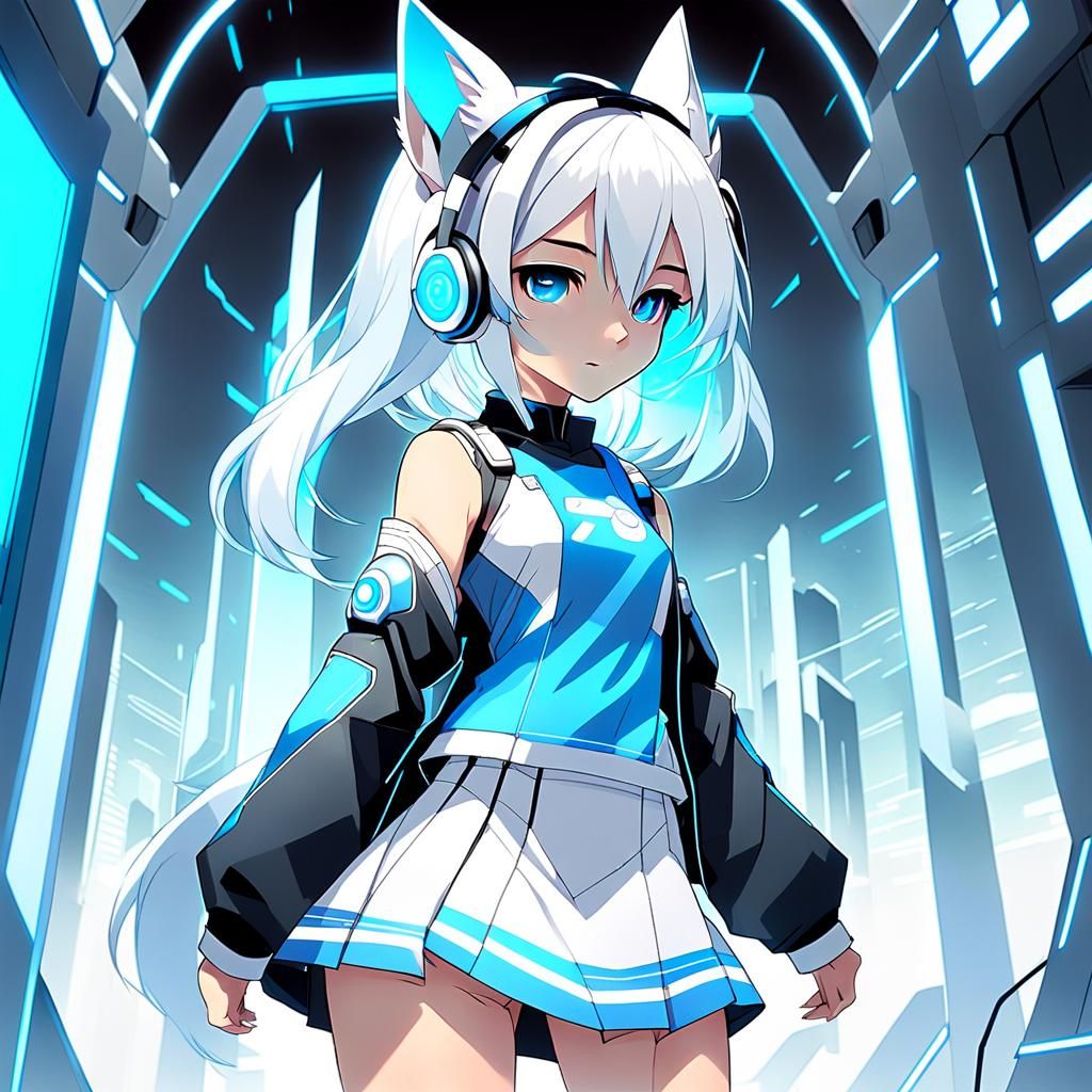 Anime Girl with Dog Ears in Futuristic City