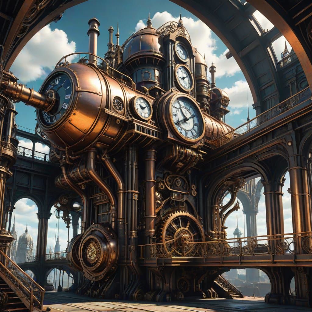 Surreal Steampunk Megastructure in Neo-Gothic Style with Ela...