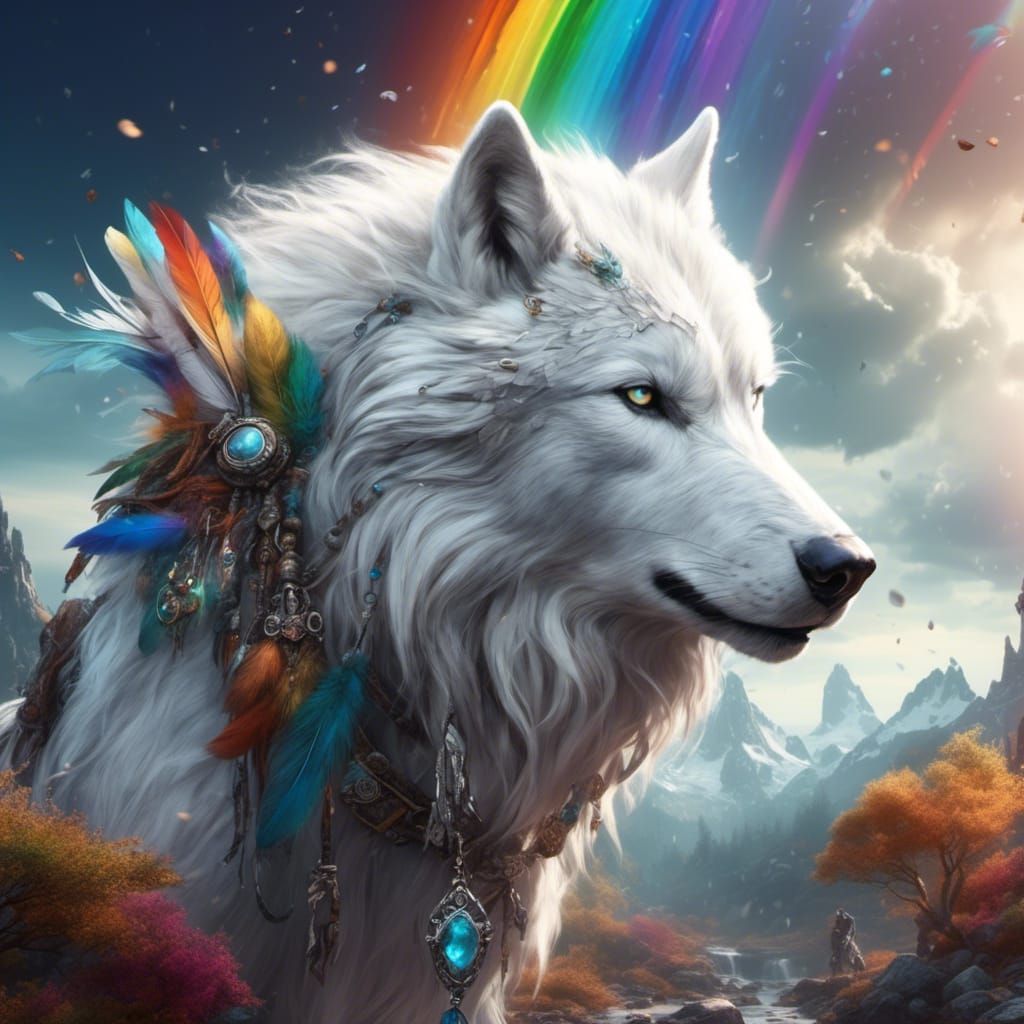 Celestial White Wolf with Rainbow Feathers
