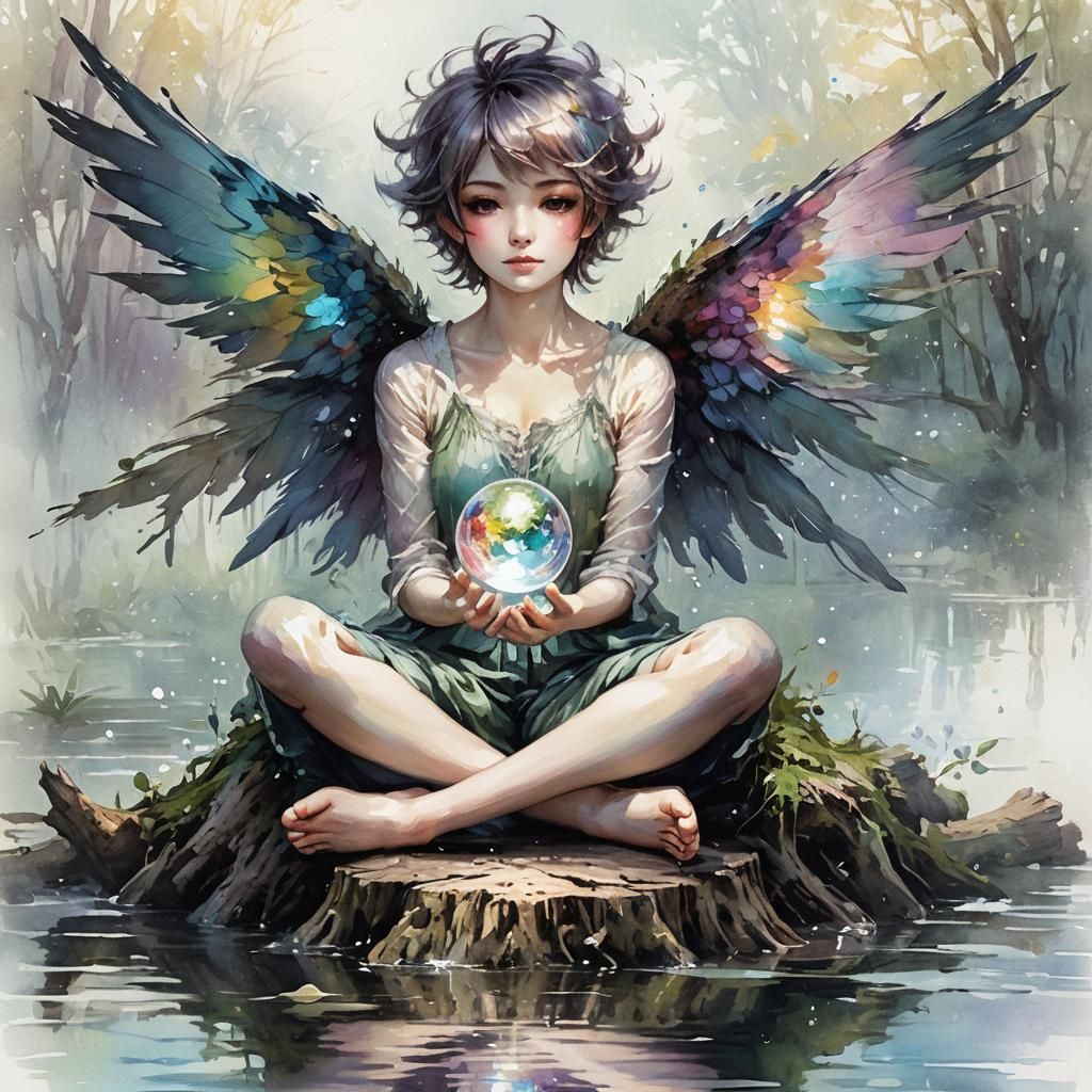 alcohol ink, watercolour, splash art, beautiful sprite, holding a ball of magical energy, sitting cross-legged on a tree...