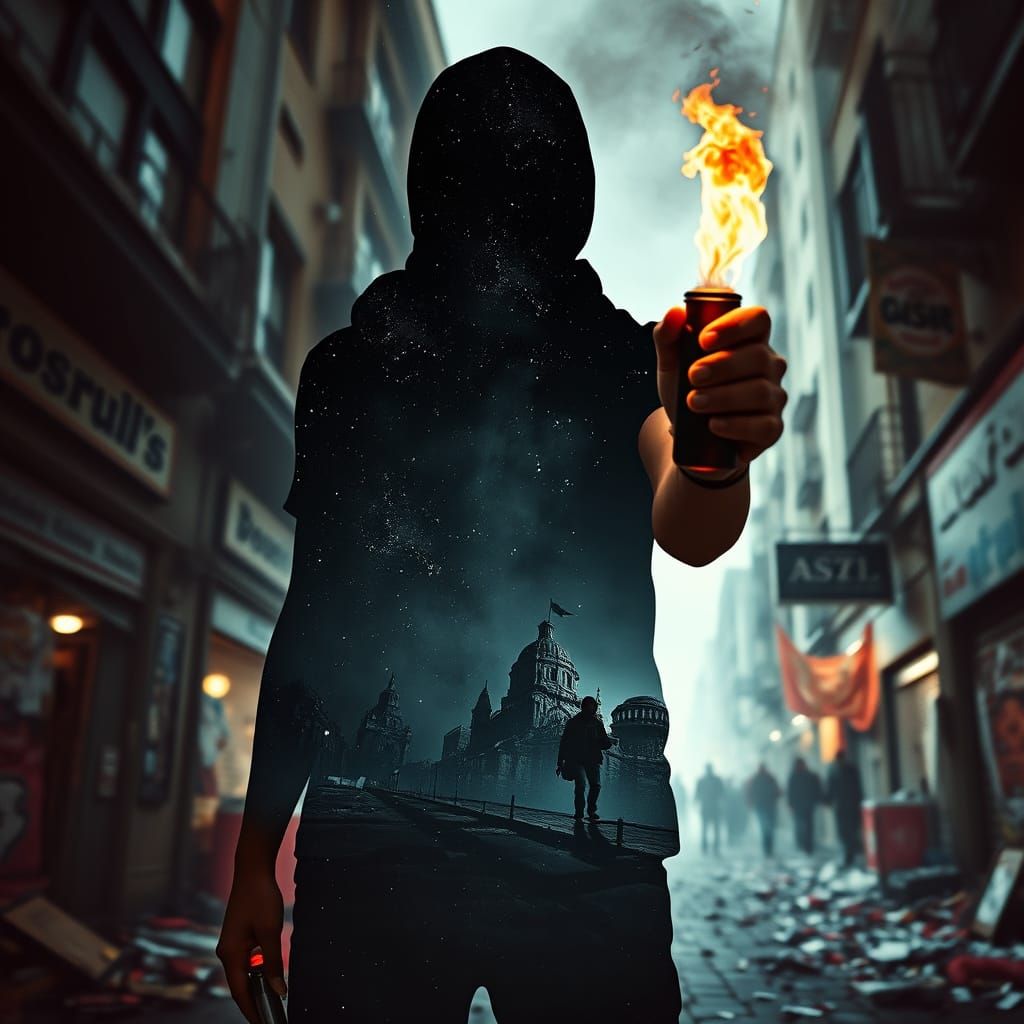 Protester Silhouette with Molotov Cocktail, Galaxy and Citys...