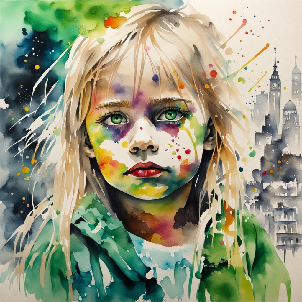 Watercolor Portrait of a Girl in Abstract City