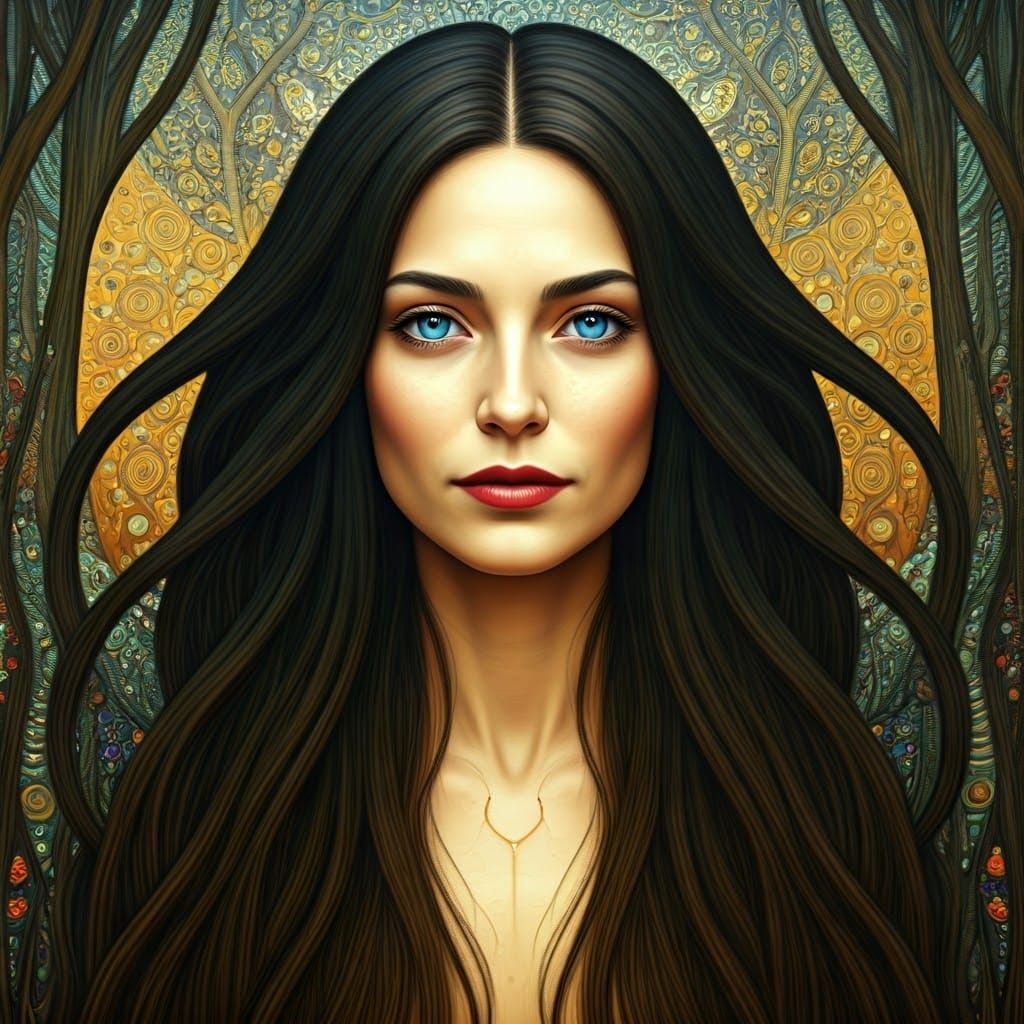 Ethereal Woman in Lush Landscape with Symbolic Creatures