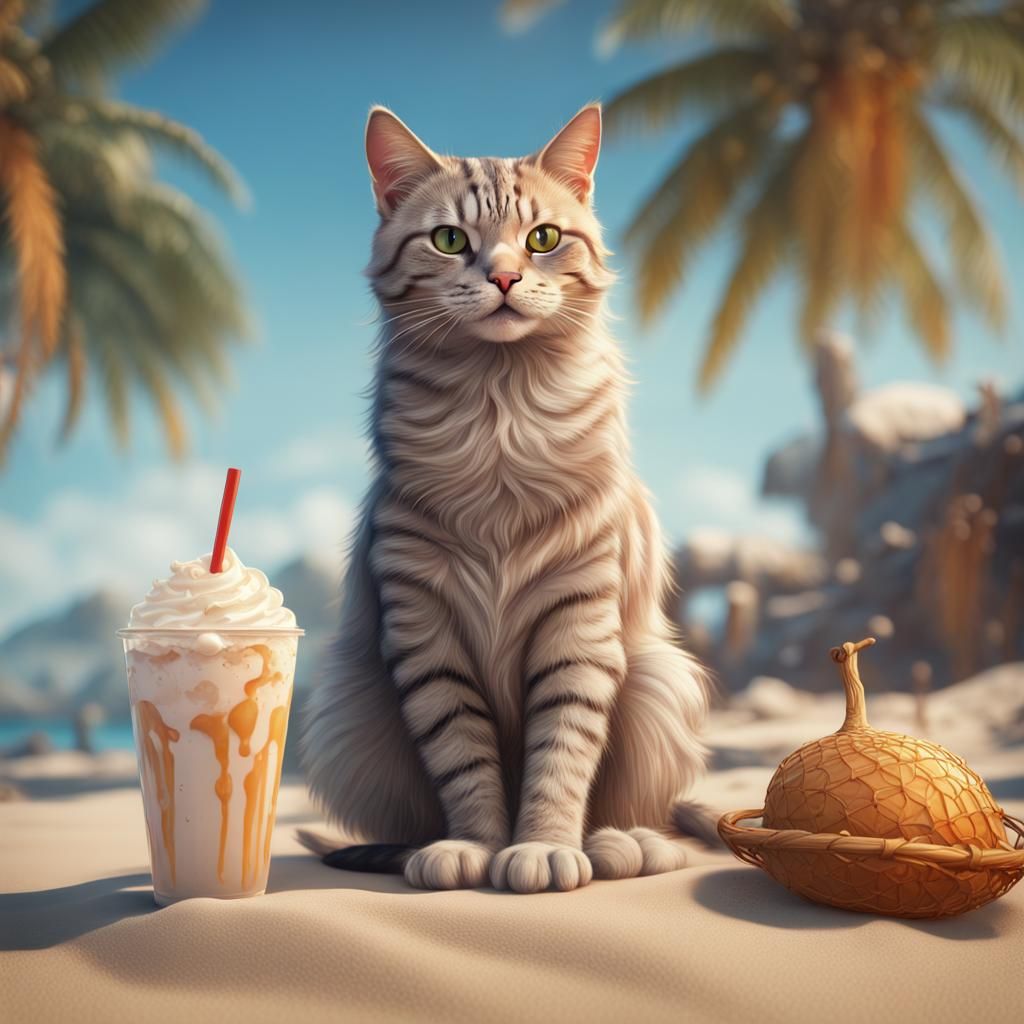 Cat Sunbathing on Beach: Detailed Matte Painting